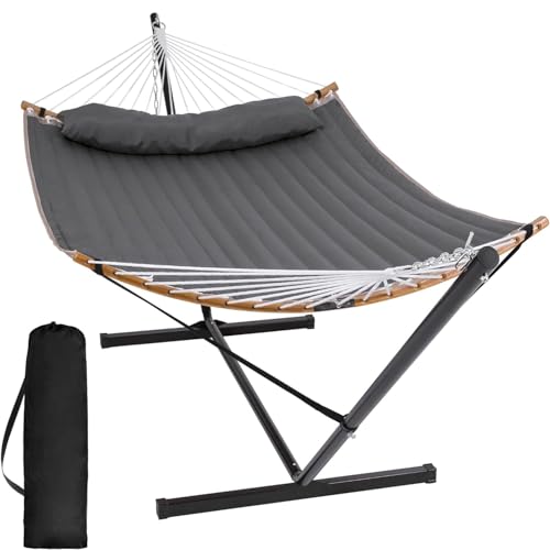 SUNCREAT Double Portable Hammock with Stand, 2 Person Hammock with Curved Spreader Bar, Balance Ropes Included, Dark Gray