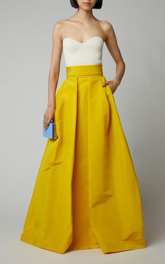 Yellow Pleated High Waist Taffeta Long Skirt with Belt & One Pocket – Handmade Casual Evening Party Skirt for Women2