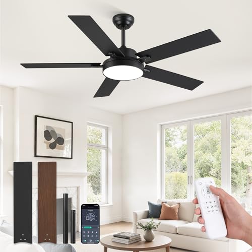 ZMISHIBO 52 Inch Ceiling Fans with Lights, Smart Remote/APP Control, Modern Ceiling Fan with 6 Speeds & 3CCT, Dimmable 30W LED, Quiet DC Motor, Noiseless for Living Room, Bedroom, Kitchen, Black