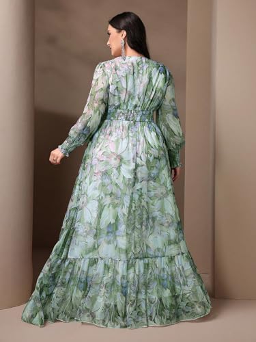 Image of Spring Summer 2024 Plus Size Womens Dresses V Neck Casual Elegant Long Sleeve Floral Print Maxi Dress