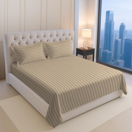 Image of Pizuna 100% Cotton Bedsheet Super King Size with 2 Pillow Covers, 300 Thread Count Long Staple Cotton, Stripes Pattern Flat Bed Sheet 108X108 Inch for Superking Bed, Taupe