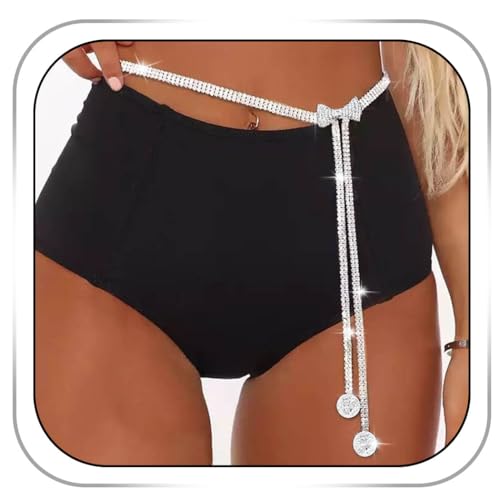 CanB Bow Rhinestone Waist Belt Silver Thin Belts Crystal Chain Belt for Women