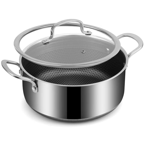 Tibbicc Cacerola híbrida antiadherente de 5.2 cuartos de galón con tapa de vidrio templado y mango que se mantiene fresco, revestimiento no tóxico, apto para lavavajillas y horno, listo para inducción