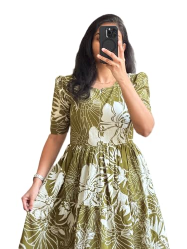 Image of Women's Rayon A-Line Midi Dress, Floral Print, Short Sleeves, Tiered Design, Round Neck, for Summer Wear