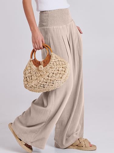 Image of ANRABESS Women Linen Palazzo Pants Summer Boho Wide Leg High Waist Casual Lounge Pant 2026 Beach Travel Vacation Outfits