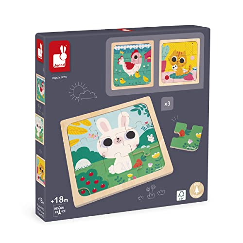 Janod 3 Puzzles en Bois de 9 Pièces-Poule, Chat, Lapin-Jouet Enfant-Jeu Éducatif Premier Age-Dès 18 Mois, J07113, Multicolore