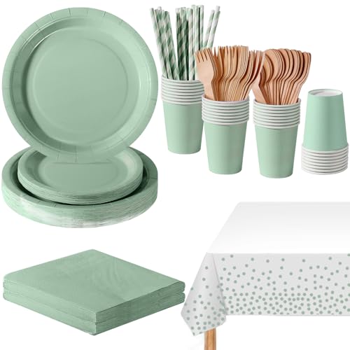 PYAILI Stoviglie per Feste 169 Pezzi Verde Salvia Festa della Addobbi Ragazza di Compleanno dei Dambini Articoli per Feste Set Include Piatto Carta Party Tazze Tovaglioli -24 Ospiti