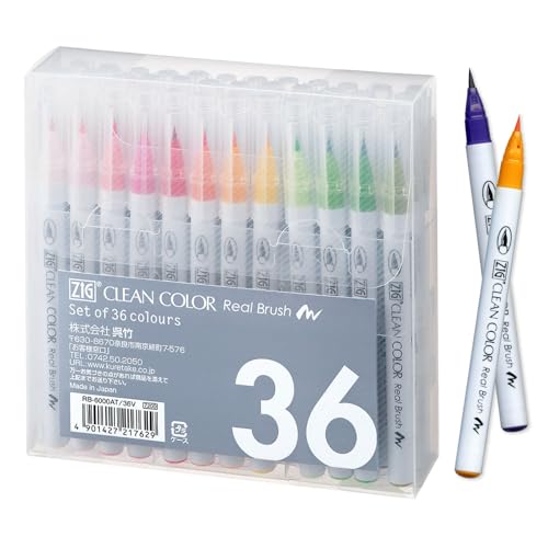 Kuretake Zig Clean Color Real Brush 36 colors set, Brush tip marker pens, for Professional and Artist, coloring, drawing, calligraphy, lettering, Made in Japan