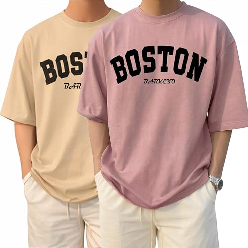 Image of BARKEYO Men's Half Sleeve Round Neck French Terry Graphic Print Oversized Tshirt for Man (Boston-ft) Pack of 2 (in, Alpha, XL, Regular, Red)