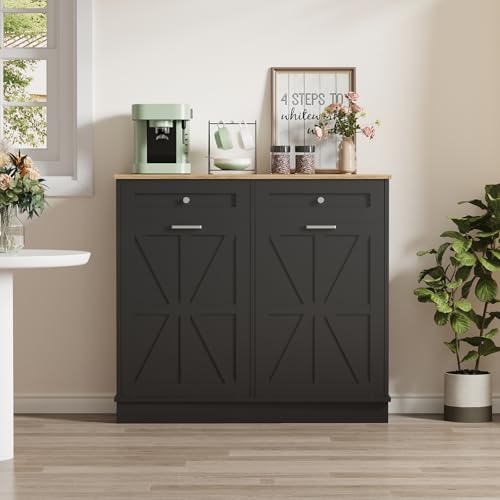 Image of Double Tilt Out Trash Cabinet 20 Gallon,Dual Kitchen Wood Trash Can with Hideaway Drawers,Hidden Pet-Proof Garbage Can Laundry Hamper for Kitchen, Dining, Living Room