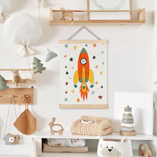 Image of PQKIY Retro Rocket Ship Space Nursery Wall Art Poster Hanger Frame 12x16 in, Mid Century Modern Spaceship Adventure Wall Decor Canvas Prints for Nursery Toddler Boys Kids Room Bedroom Playroom