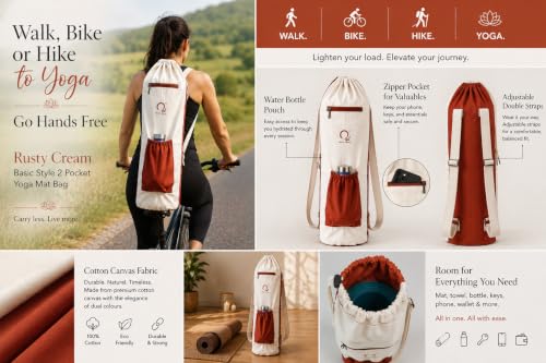 Image of O2 Yoga Mat Bag | Basic Style Cotton Yoga Mat Carry Bag with Adjustable Double Straps | Bottle Holder & Zipper Pocket | Yoga Mat Cover Bag for Women & Men | Fits 2mm-10mm Mats - Rusty Cream