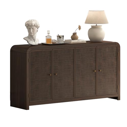 Oak&Sparrow Oak Sideboard Buffet Cabinet with Storage, 60'' Boho Buffets & Sideboards with Adjustable Shelves, Rattan Sideboard Cabinet with 4 Doors for Living Room, Hallway & Kitchen