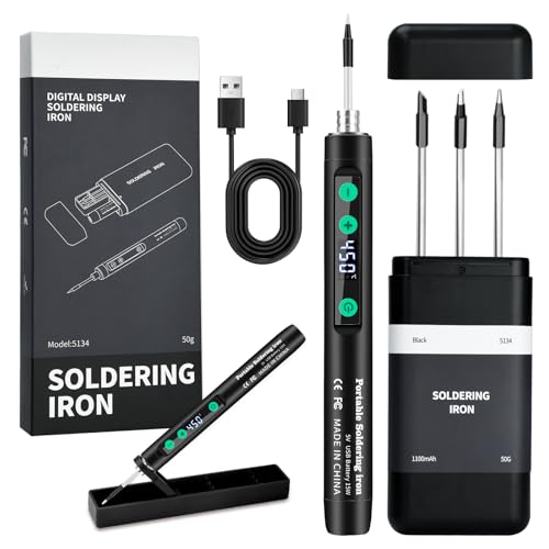 Lötkolben Set mit Ständer, LCD Display Akku Lötkolben, Einstellbare Temperatur 180-450°C, 3 Lötspitzen, USB Lötstation Geeignet für Reparatur Leiterplatten, Schweißreparaturen - Schwarz