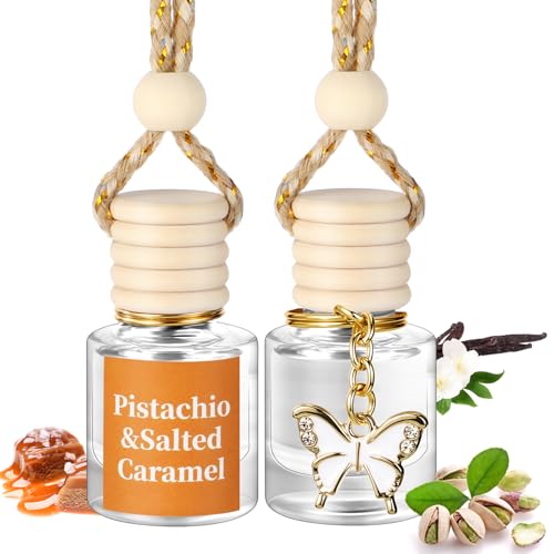 Image of 2 Pack Car Air Freshener Pistachio and Salted Caramel Hanging Essential Oil Diffuser Long Lasting Car Scent Automobile Aromatherapy with Rearview Mirror Accessories(Butterfly Pendant)