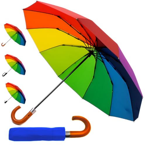 Rare 12 RIB Compact Rainbow Umbrella for Rain - 50MPH - Best for Auto Open Close - Strong Windproof Frame with Fiberglass - Travel Backpack Multicoloured Bright - Wooden Hook Handle