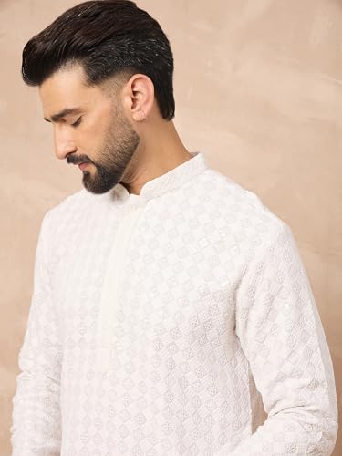 Image of Men's Solid Embroidered Long Straight Kurta | Men's Kurta | Embroidered Chikankari Kurta for Men | Straight Fit Kurta for Men
