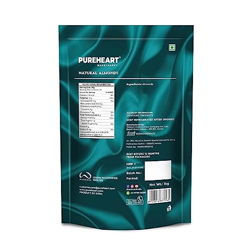 Image of Pureheart Nutreat Natural Almonds (1 kg) Premium California Almond Nuts /Dry Fruit, Crunchy & Delicious Dried Badam - Resealable Pouch