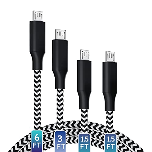 Micro USB Charger Cable (1.5/1.5/3/6FT), 4 Pack Nylon Braided Charging Cables for Samsung, Nexus, LG, Smartphones, Tablets, Kindle, Game Consoles, Cameras, Hard Drives, and More, Black&White