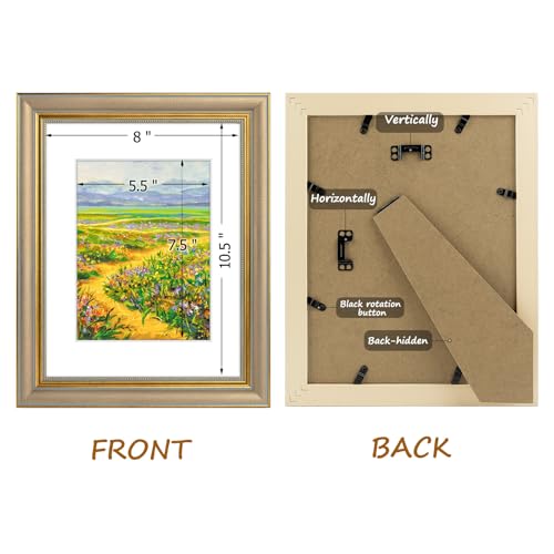 Image of Golden State Art,8.5x11 Ornate Picture Frame Holds 6x8 Photo,Chamgpagne | Includes easel back,HD plexiglass,white mat,build-in hangers.8.5x11 Decorative photo frame matted to 6x8.Desktop /wall mount