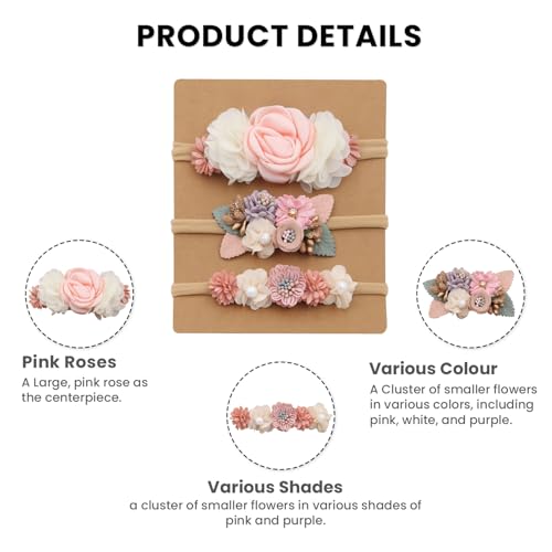 Image of SYGA 3 Pack Baby Girl Floral Headbands - Soft Stretchable Nylon Flower Comfortable Elastic Hairbands for Newborns, Infants & Toddlers 0-3 Years (Design-4)