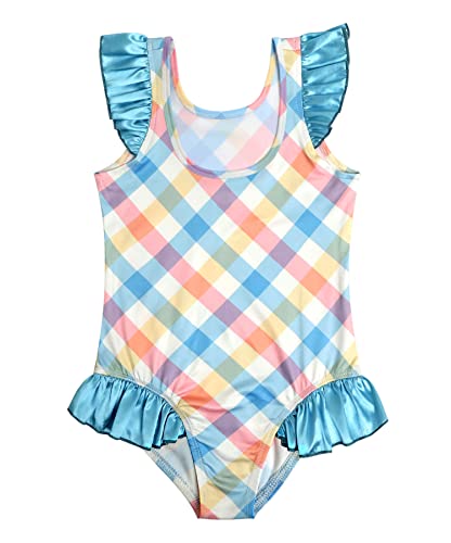 Luouse Toddler Girls Stretch Swimsuit Ruffle-Accent One Piece Bathing Suits, Cute Ruffle Swimwear For Girls, Plaid 5-6 T #TOP1