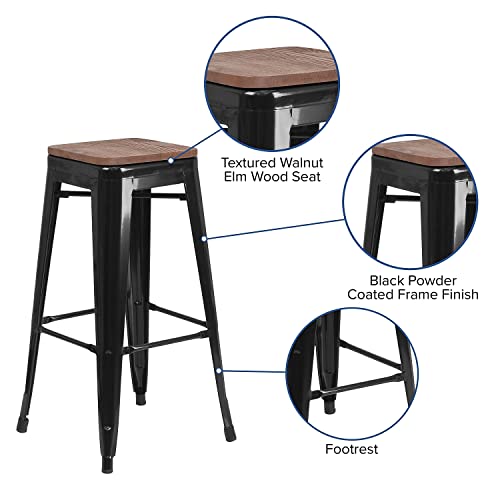 Flash Furniture Butaco Metal Negro con Asiento Cuadrado de Madera 30" Alto miniatura 5