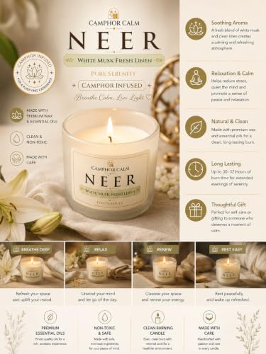 Image of Neer | Camphor Infused Soy Wax Scented Candle | White Musk & Fresh Linen Fragrance | Luxury Home Fragrance Candle | Long Burning