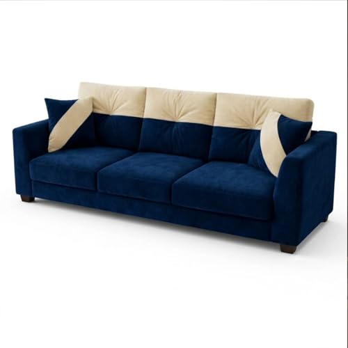 Image of Revola Plush Comfort Sofa | 3 Seater | Luxury Velvet Suede Fabric | Modern Living Room Sofa | Dark Blue - Cream