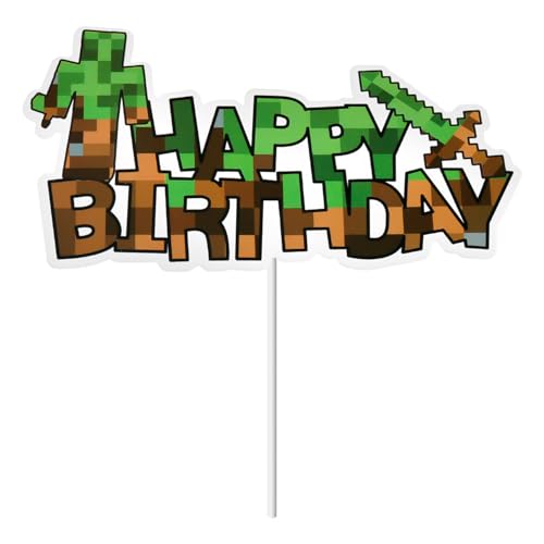 Wellrun Green Block Happy Birthday Cake Topper Pixel Style Party Cake Decor Fun Gaming Cartoon Accessory for Birthday Parties and Photo Props