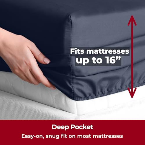 Image of Mellanni Split King Sheets Set - 5 PC Iconic Collection Bedding | Hotel Luxury, Extra Soft, Cooling Bed Sheets - Wrinkle, Fade, Stain Resistant (Split King, Navy Blue)