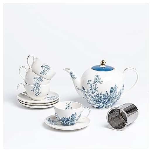 Taimei Teatime Porcelain Tea Set, 37oz Large Teapot with Infuser and Tea Cups and Saucers Set in European Style with Floral Pattern, Tea Set Gift for Holidays，Blue and White Teapot Set for Adults
