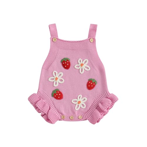 Image of MAHUAOYIXI Newborn Baby Girls Outfits Flower Strawberry Embroidery Knit Romper Round Neck Flying Sleeve Bodysuits Toddler Knitwear Infant Baby Girls Clothes (Pink, 0-3 Months)