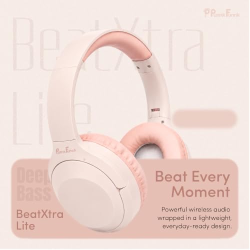 Image of PunnkFunnk BeatXtra Lite Premium Wireless Bluetooth Headphones V5.3, Over Ear Stereo Headset with Built-in Microphone, 40mm Drivers, AUX Mode, Comfortable Cushions, Up to 250 Hours Standby (Pink)