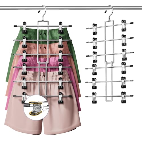 DAMITA Skirt Trouser Hangers with Clips Space Saving Hanging Closet Organizer 6 Tiers Multi Hanger with 360° Swivel Hook, Finger-Safe Design- College Dorm Room Apartment Essentials 1-pack