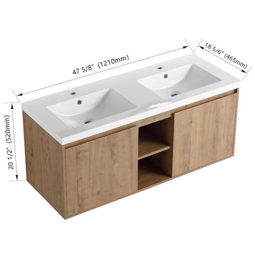 Image of Floating Bathroom Vanity, 48 inch Bathroom Storage Cabinet with Double Resin Sinks, 2 Soft-Close Doors & 2 Open Storage Shelves, Modern Wall-Mounted Vanity with 45 Bevel Handles, Oak
