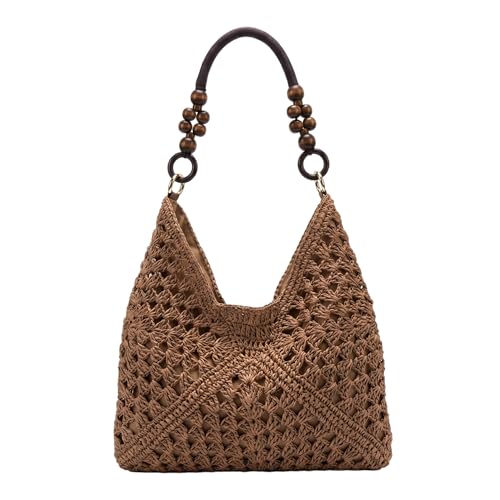 Bolso de hombro de paja de gran capacidad con cuentas de madera para llevar todo en verano