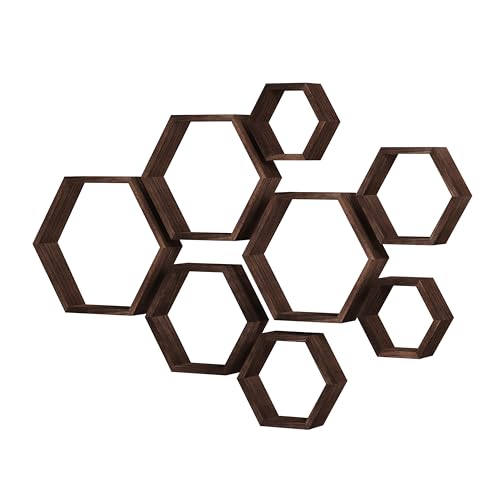 Image of WONFUlity Hexagon Floating Shelves Honeycomb Shelves Wall Mounted Wood Farmhouse Storage Wall Shelf for Bathroom, Kitchen, Bedroom, Living Room,Driftwood Finish Wall Decor,Dark Brwon