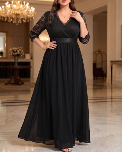 Image of Pinup Fashion Wedding Dresses for Bride Plus Size - Formal Evening Gown Wrap Neck Lace Chiffon Long Dress