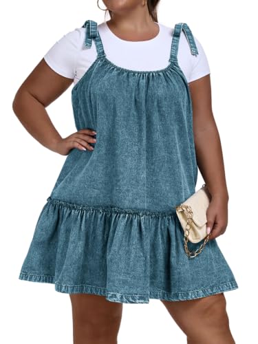 Image of Denim Dress for Women Tie Shoulder Sleeveless Denim Mini Dress Casual Flowy Babydoll Dress Wash Jean Dress