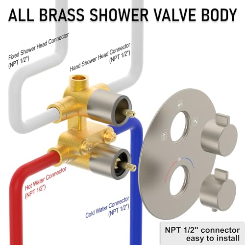 Image of Iriber Thermostatic Shower System Wall Mount with 10 Inch Roud Rainfall Shower Head and Handheld,Shower Faucet Mixer Trim Kit (Valve Included),Brushed Nickel