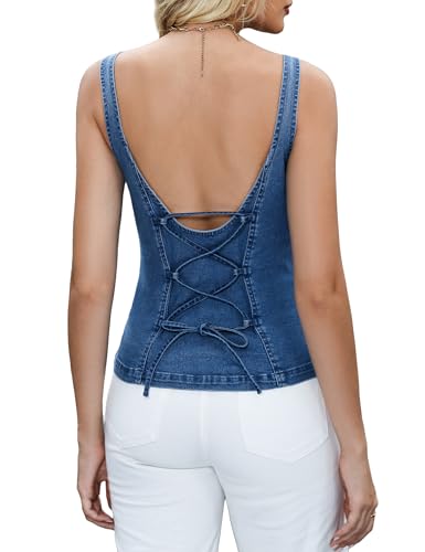 Denim Vest Tops for Women Jean Backless Square Neck Faux Button Placket Adjustable Back Tie Open Back Tank Top2