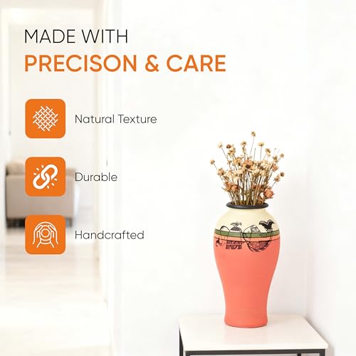 Image of Aakriti Art Creations Madhubani Art Terracotta Vase | Handmade Carrot Red Decorative Flower Vase | Traditional Folk Art Vase for Living Room Table Decor & Housewarming Gift