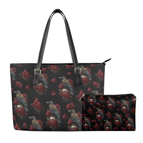 Gothic Skull Tote Bag Handbag for Women PU Leather Shoulder Clutch Makeup Bag Purse Bags Organizer