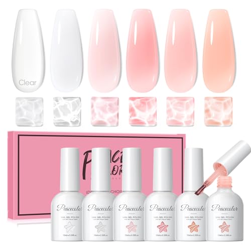 PEACECOLOR Builder Nail Gel Polish Set 6 Colors Pink Clear Nude Orange Builder Nail Gel Kit for Nails Apex Thickening Extension Strengthen Rubber Base Gel DIY Salon at Home