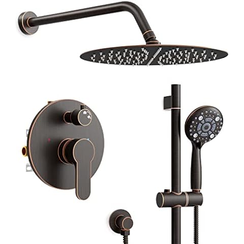 SR SUN RISE 12 Inch Oil Rubbed Bronze Shower System, Wall-Mount Adjustable 16-Inch Slide Bar with 6-Function Hand Shower Faucet Included Valve and Trim Kit Cover