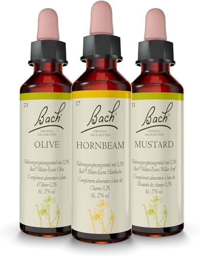 Original Bachblüten Tropfen Set Frühlingserwachen | Set aus 3x20ml Nr. 17 Hornbeam (Hainbuche), Nr. 21 Mustard (Wilder Senf), Nr. 23 Olive (Olive) | Gewinne Vitalität, Energie und Freude am Leben