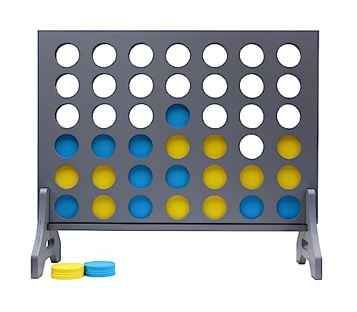 Image of Giant 4 in a Row Game for Family & Adults - Tailgating Pros Jumbo Grey Wooden Four in a Row Indoor & Outdoor Yard Game for Family Party Fun, Portable Activities for Patio, Backyard, and Camping