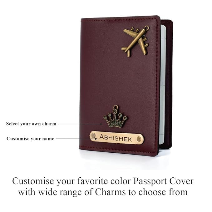 Image of Personalized Passport Cover with Name & Charm, Tan Travel Passport Holder for Men & Women, Premium Leatherette Case for Documents & Cards (Brown)