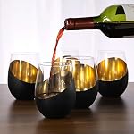 MyGift Modern Matte Black and Gold Tilted Design Stemless Wine Glasses Tumblers - 18 oz, Set of 6